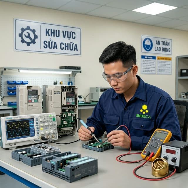 Kỹ sư BeeCa lập trình PLC tại nhà máy ở Huế