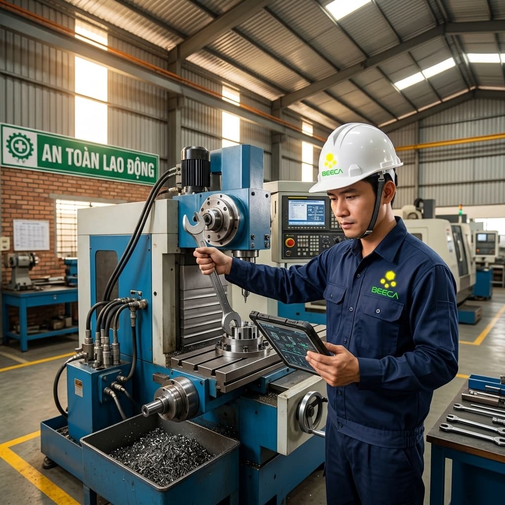 Kỹ sư BeeCa đang bảo trì máy CNC tại nhà máy