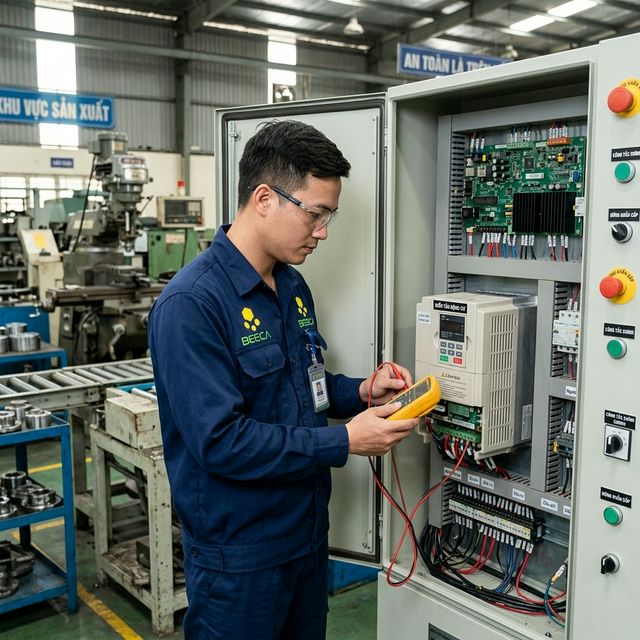 Kỹ thuật viên sửa chữa biến tần tại xưởng BeeCa