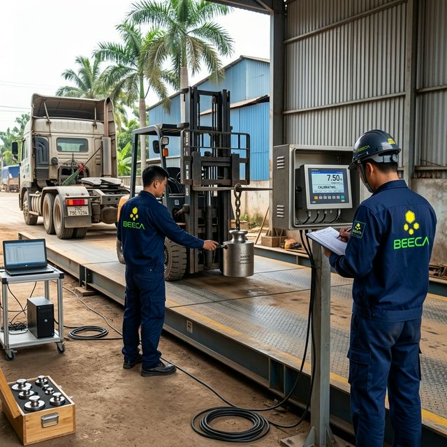 Kỹ thuật viên BeeCa hiệu chuẩn cân ô tô bằng quả cân chuẩn