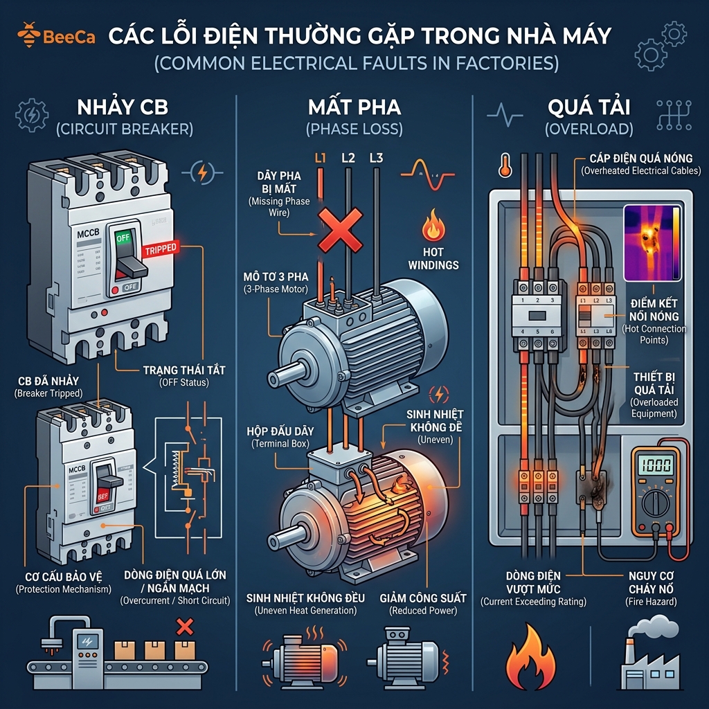 Các lỗi điện thường gặp trong nhà máy: Nhảy CB, Mất pha, Quá tải