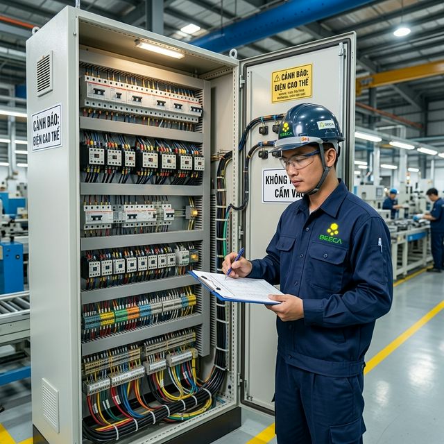 Kỹ sư BeeCa kiểm tra bảo trì tủ điện công nghiệp