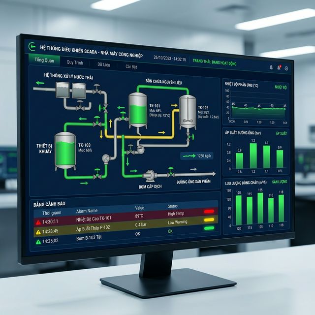 Giao diện SCADA giám sát nhà máy — biểu đồ, sơ đồ, cảnh báo realtime